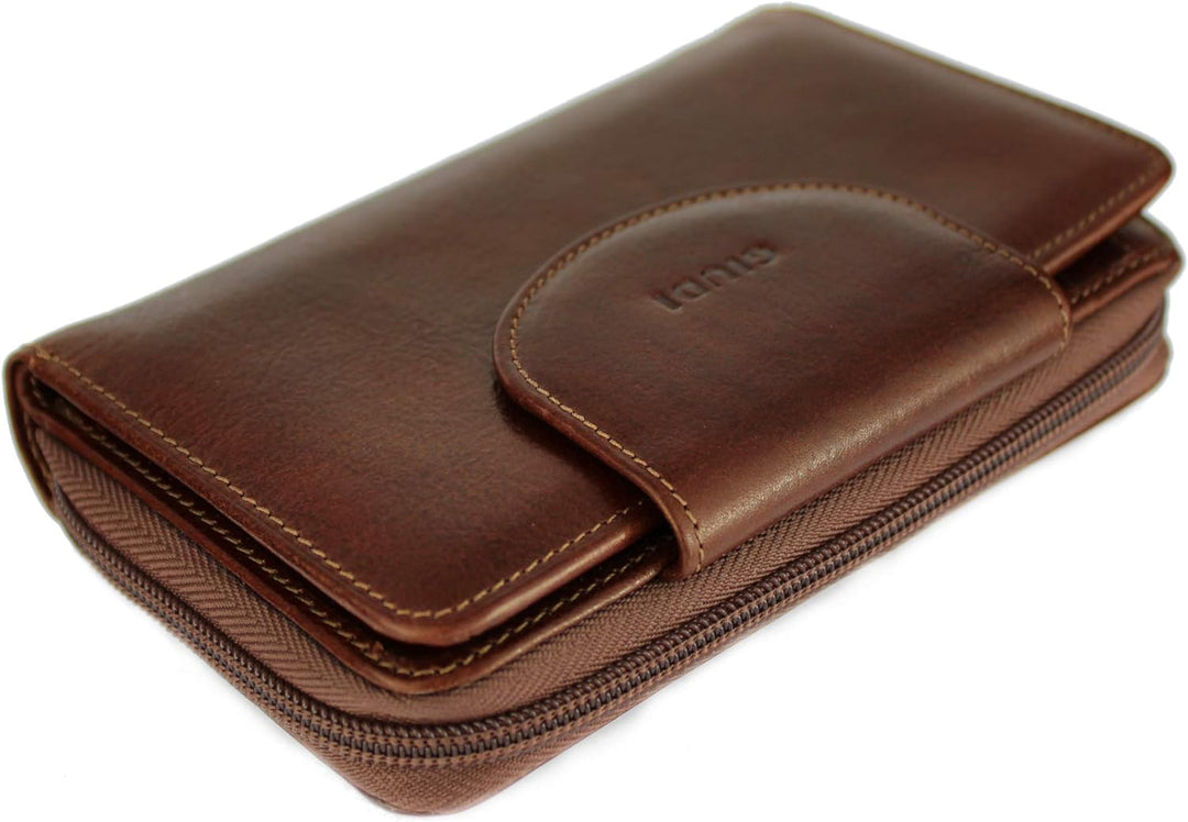 GIUDI ® Geldbörse Damen, Rindsleder, Vintage, Mittel-Gross, Mit vielen Fächern (Braun)
