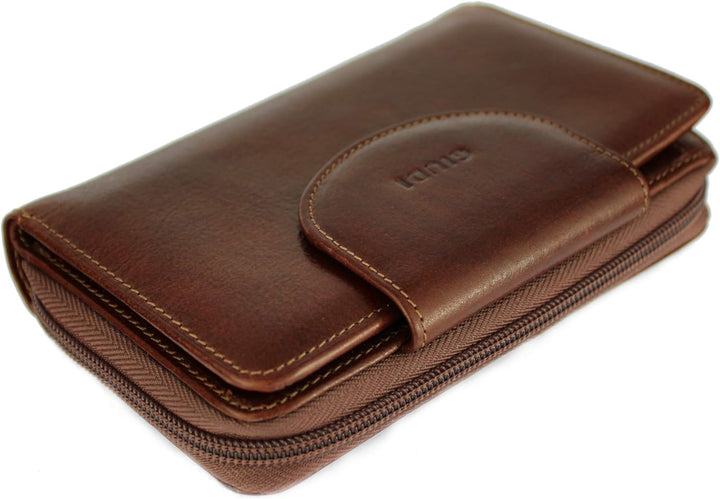 GIUDI ® Geldbörse Damen, Rindsleder, Vintage, Mittel-Gross, Mit vielen Fächern (Braun)