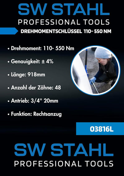 SW-Stahl 03816L Drehmomentschlüssel 3/4 Zoll 110-550 Nm I Antrieb Vierkant 3/4" Drehmomentschlüssel