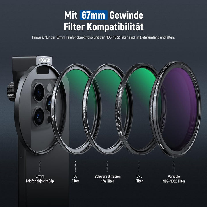 Neewer 67 mm Variables ND2-ND32 Handy-Objektivfilter-Set, Handy-Clip mit Gewindeadapterring/Kaltschu