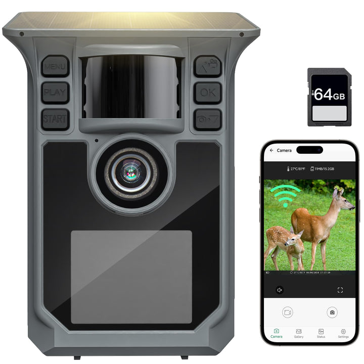 4K 64MP Wildkamera mit Handyübertragung APP, Solar WLAN Bluetooth Eingebaute 5000mAh, 64GB Speicherk