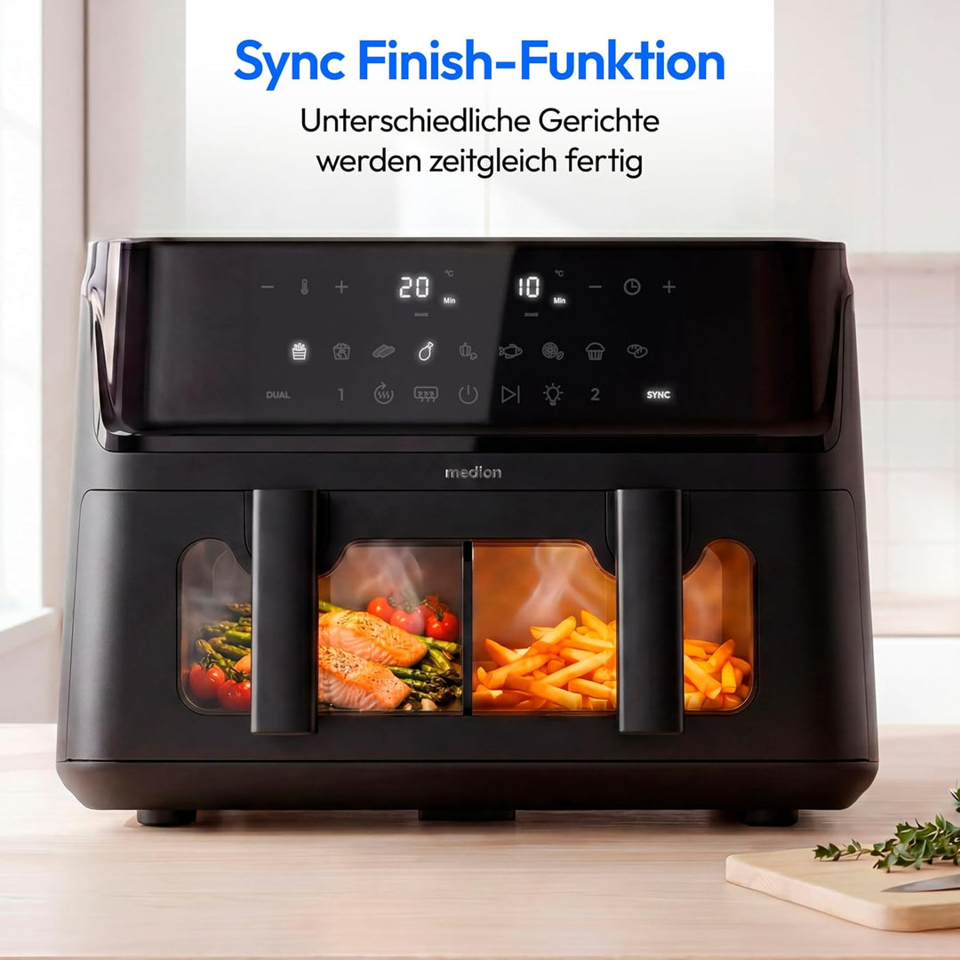 MEDION P25 XXL Flex M Airfryer Heissluftfritteuse mit 2 Kammern - schwarz | 10,8 Liter, flexible Kam
