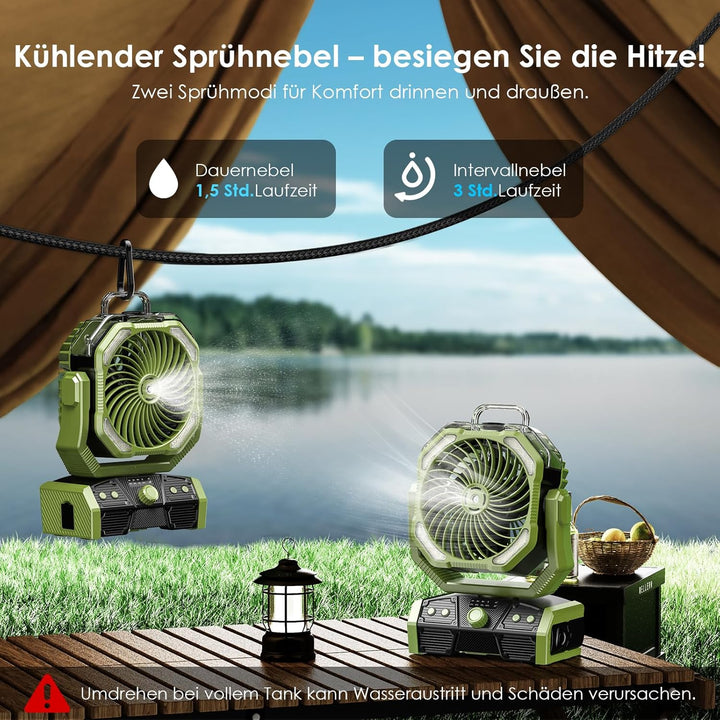 Minthouz 30000mAh Akku Camping Ventilator mit Sprühnebel & LED Licht, USB Akku Ventilator, 50h Laufz