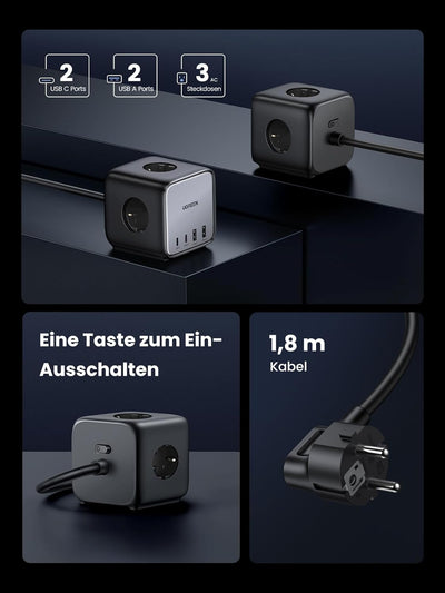 UGREEN Nexode DigiNest Würfel 65W Steckdosenleiste GaN USB C Ladegerät USB 3-Fach Steckdose mit Scha