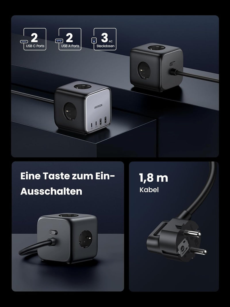 UGREEN Nexode DigiNest Würfel 65W Steckdosenleiste GaN USB C Ladegerät USB 3-Fach Steckdose mit Scha