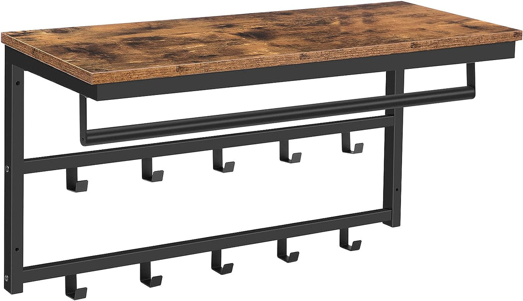 HOOBRO Wandgarderobe mit Ablage, Wandregal mit 10 Haken und Stangen, Wandmontiertes Hängeregal, 80 x