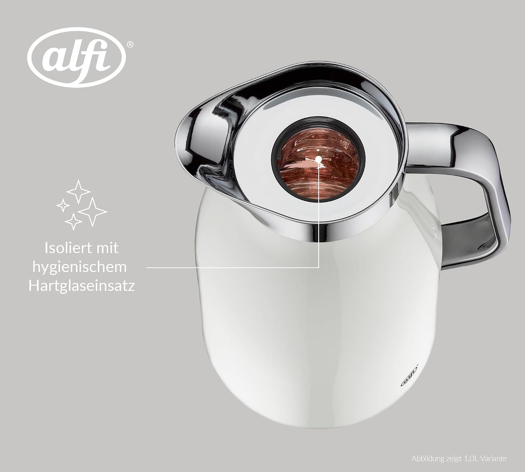 alfi SKYLINE 1,5l, coconut white mat, Edelstahl-Isolierkanne mit hygienischem Hartglaseinsatz, Drehv
