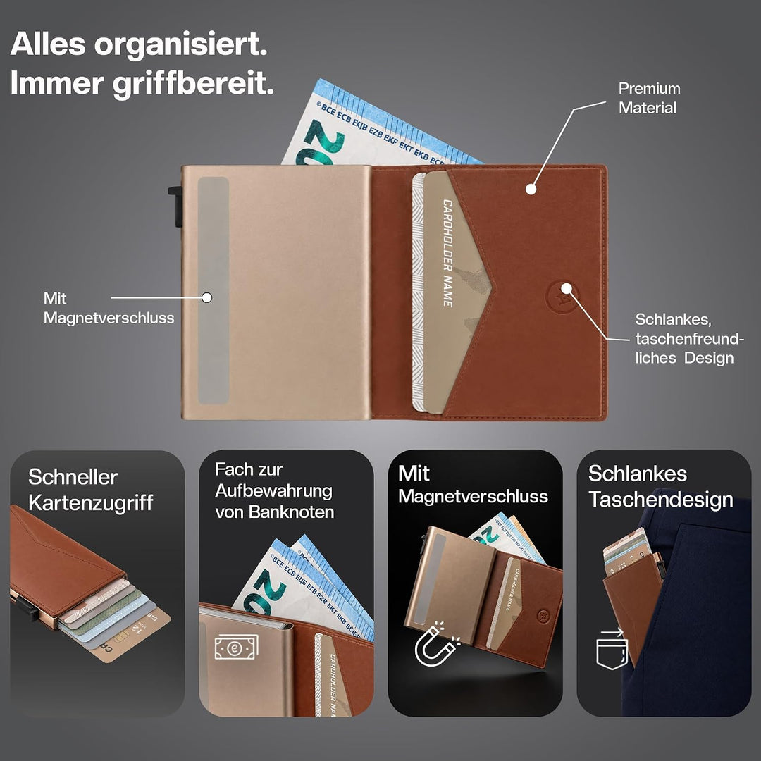 ProWallet Slim Kartenhalter - 8 Karten + Geldscheine - RFID Kreditkartenetui Slim Braun, Slim Braun