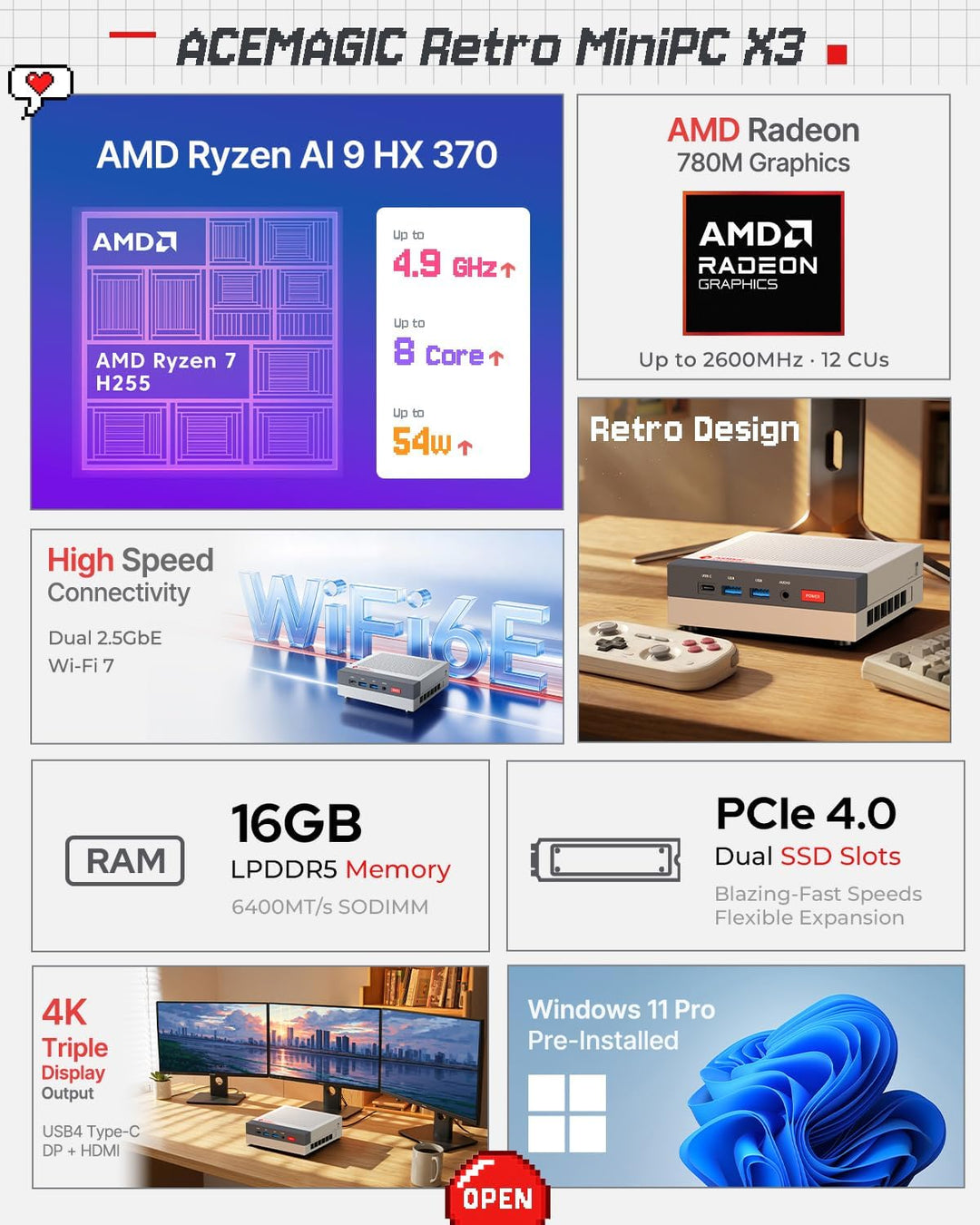 ACEMAGIC Retro X3 Mini PC, AMD Ryzen 7 H 255 (4.9GHz, 8C/16T), 16B LPDDR5 1TB NVMe SSD, AMD Radeon 7
