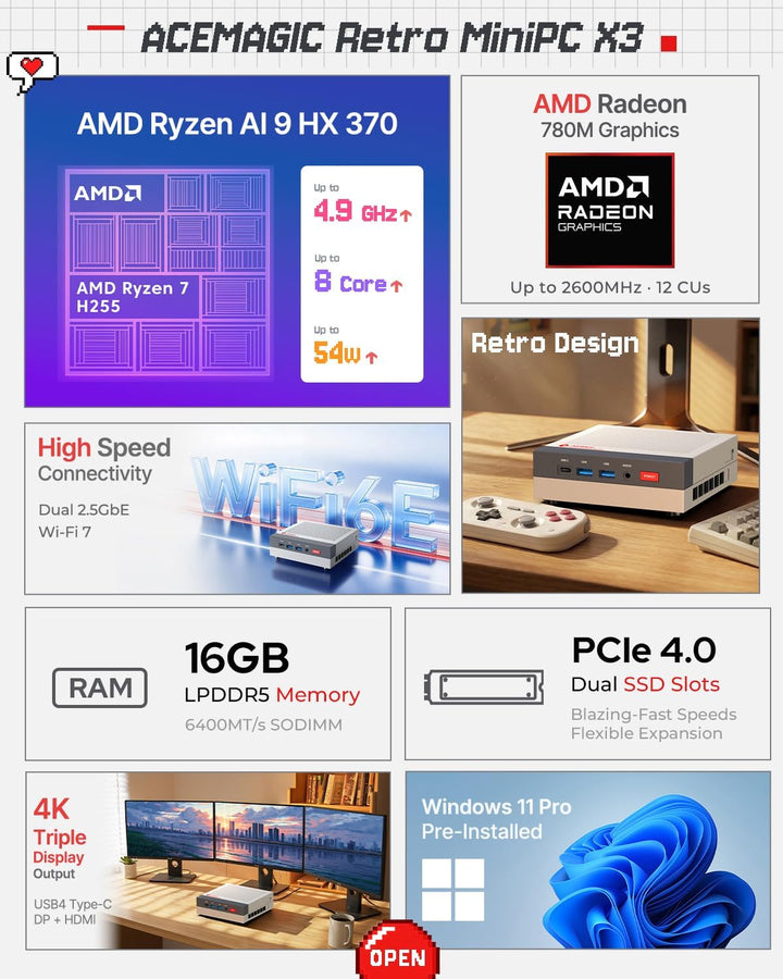 ACEMAGIC Retro X3 Mini PC, AMD Ryzen 7 H 255 (4.9GHz, 8C/16T), 16B LPDDR5 1TB NVMe SSD, AMD Radeon 7