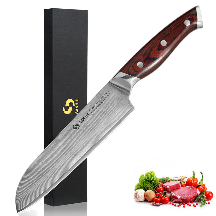 Santokumesser 18 cm, Profi Damastmesser aus 67 Lagen echten Damaststahl, Ultrascharfes Santoku Messe