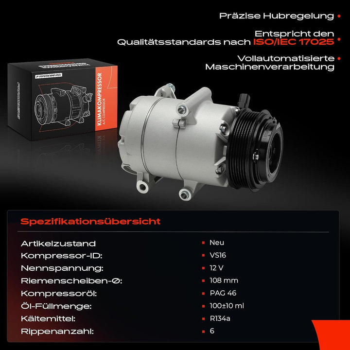 Frankberg Klimakompressor Klimaanlage Kompatibel mit Galaxy WA6 2.0L 2.3L 2006-2015 Mondeo IV BA7 2.