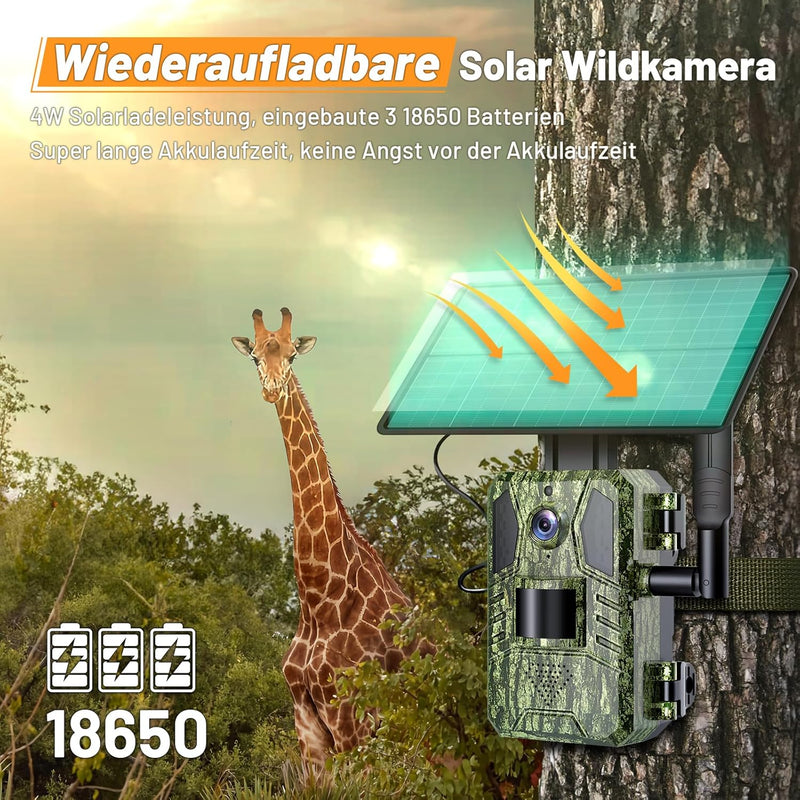 XTU 4G LTE Wildkamera mit SIM Karte - 2,5K Solar Wildtierkamera mit Handyübertragung App,PIR Bewegun