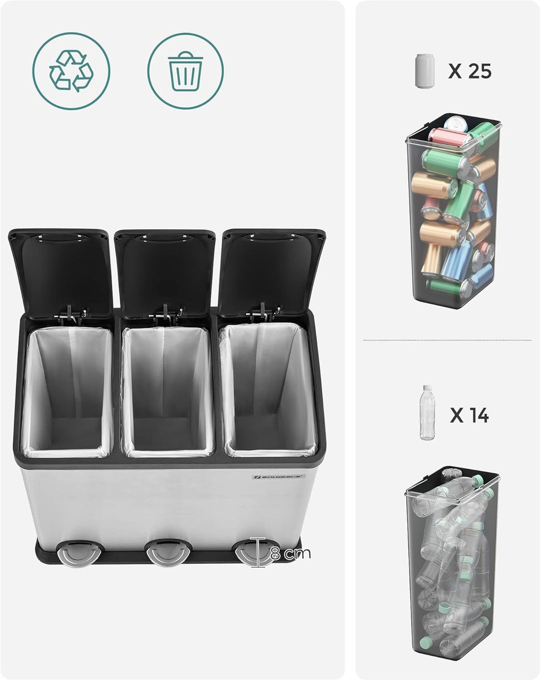 SONGMICS Mülleimer für die Küche, 54 Liter, Abfalleimer, Treteimer mit 3 Fächern, Inneneimern und 6
