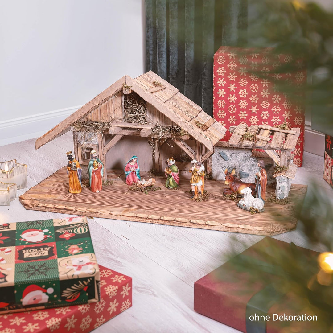 Bonetti Grosse Weihnachtskrippe | aus Holz und Gips gefertigt | mit Moos, Steinen und Stroh geschmüc