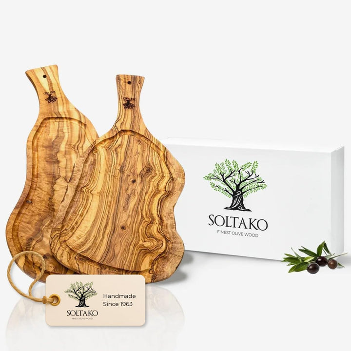 SOLTAKO Olivenholz Steakbrett mit Saftrille 2er Set 40cm "The Smokey BBQ" 40 x 18 cm, 40 x 18 cm