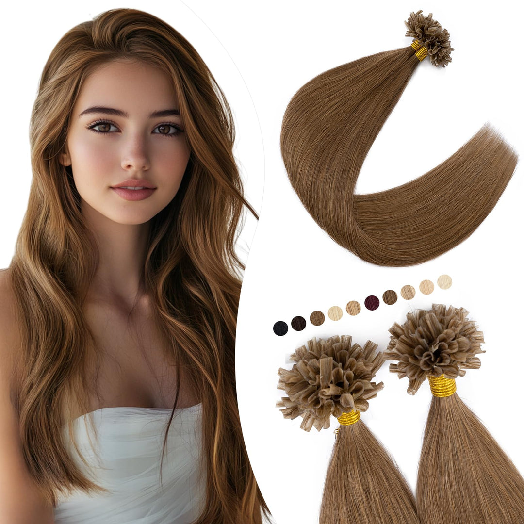 Elailite Extensions Bondings Echthaar 200 Strähne 50cm #6 Hellbraun, U Tip Hair Extensions Keratin 1
