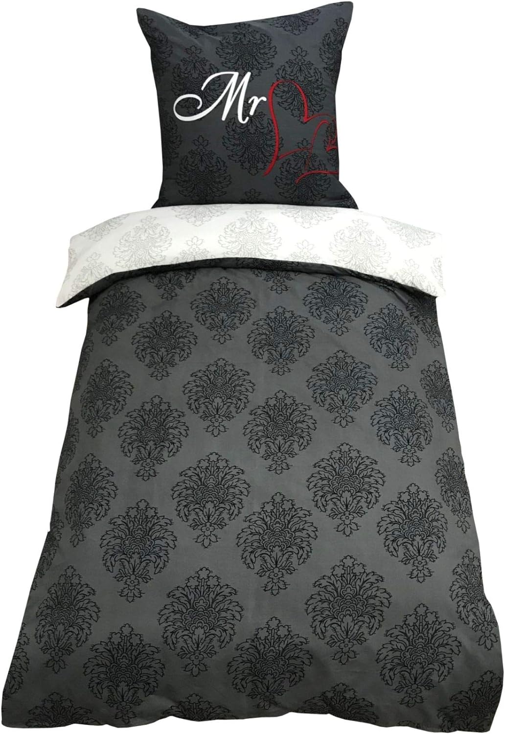 Leonado Vicenti Partner Bettwäsche 135x200 4teilig Mr. & Mrs. Herz grau anthrazit Wendeoptik mit Rei