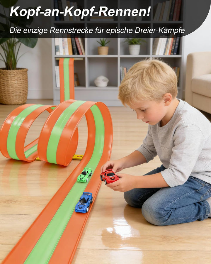 Flexible 3-Spur-Rennbahn für Kinder, 5 m Lange aufrollbare Rennbahn mit 6 Autos, batterieloses Set o