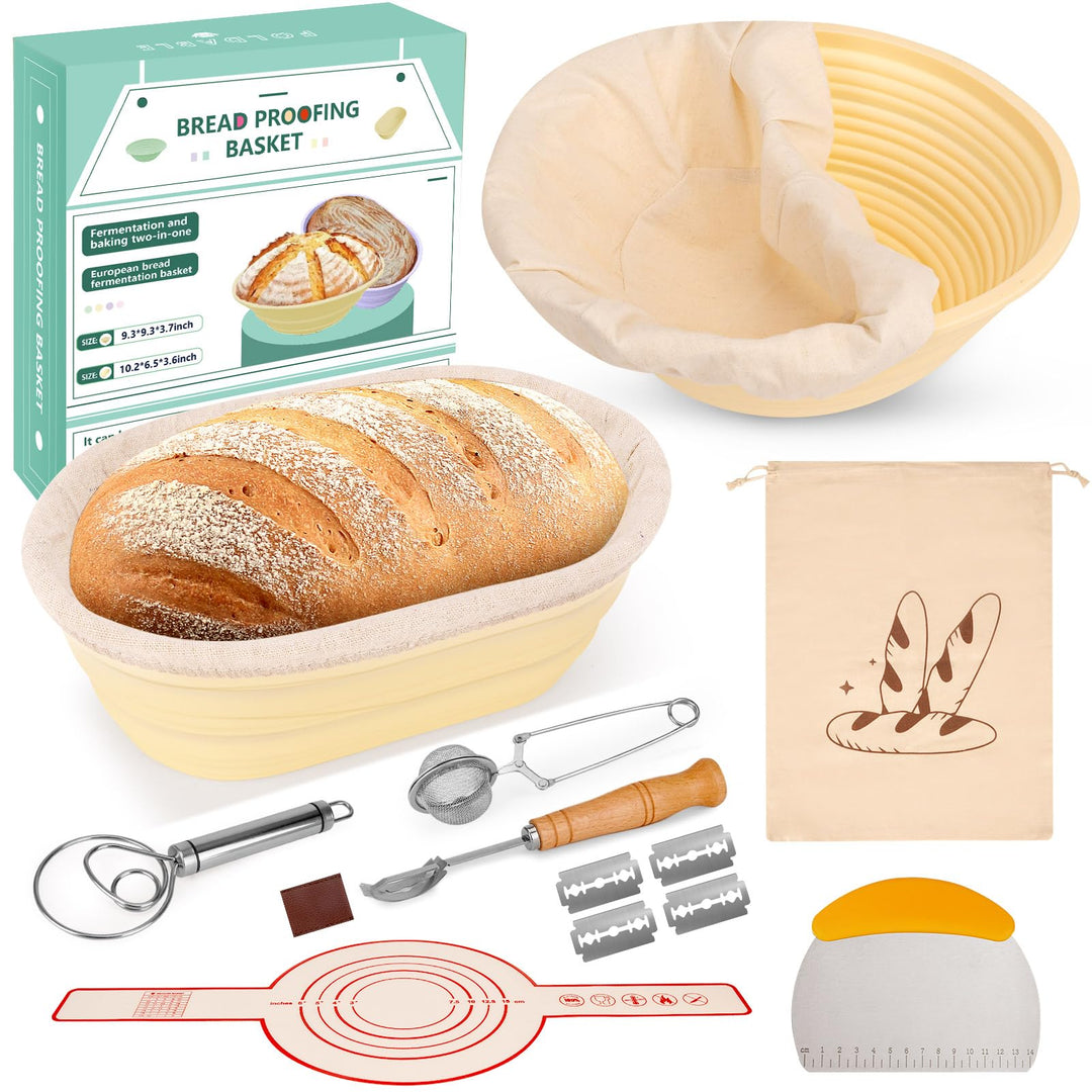 Brotgärkorb -Set- aus Silikon (23cm rund & 25cm oval) – Sauerteig-Gärkorb (inkl. Teigschaber, Rostme