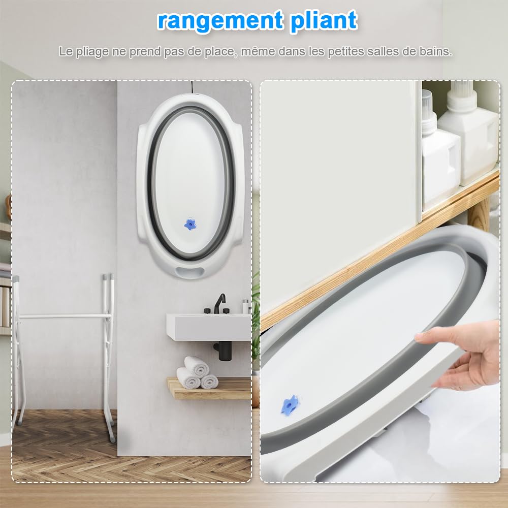 Faltbare Babybadewanne mit Stahlhalterung, ergonomisches Badewannenkissen und Ablaufschlauch – faltb