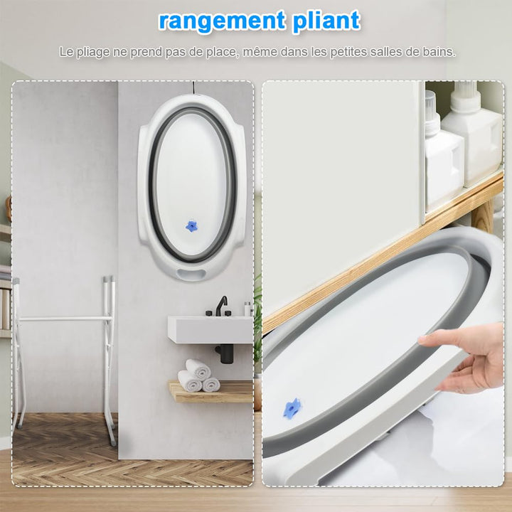Faltbare Babybadewanne mit Stahlhalterung, ergonomisches Badewannenkissen und Ablaufschlauch – faltb