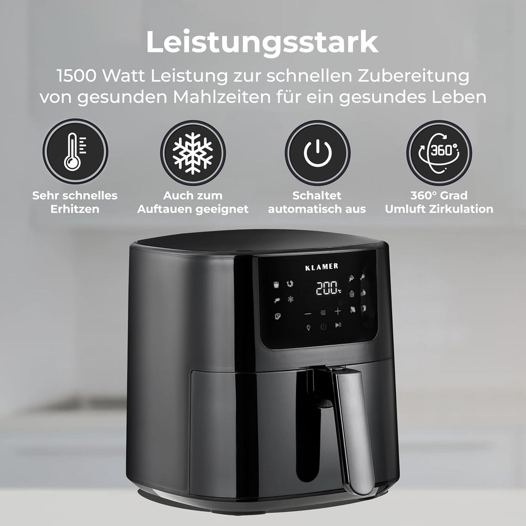 KLAMER Heissluftfritteuse 5l XL, Heissluftfritteuse mit Sichtfenster & Schüttel-Erinnerung, Ölfreier