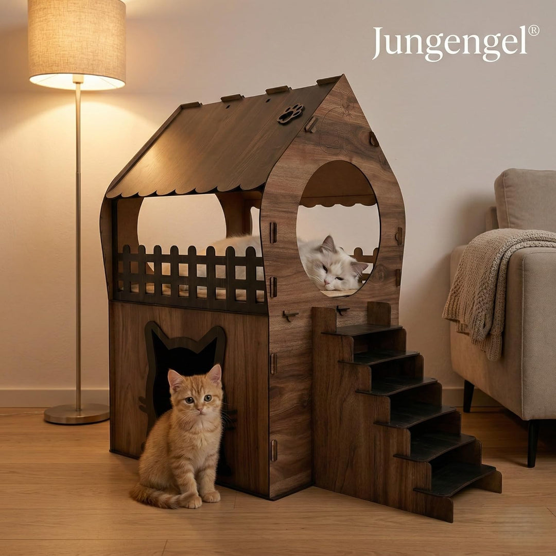 Zweistöckiges MDF Katzenhaus – Braun &amp; Dunkelbraun – Werkzeugloser Aufbau – Grössen XL, XXL, 3XL (Br