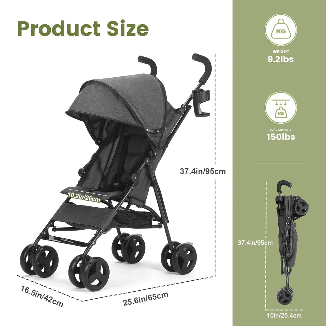 Einhändig klappbarer, leichter Kinderwagen, grosser Aufbewahrungskorb, Verdeck, Getränkehalter, komp