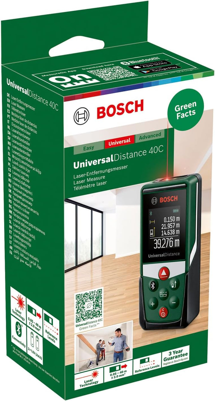 Bosch Laserentfernungsmesser UniversalDistance 40C (Distanz bis 40m präzise messen, Bluetooth-Konnek