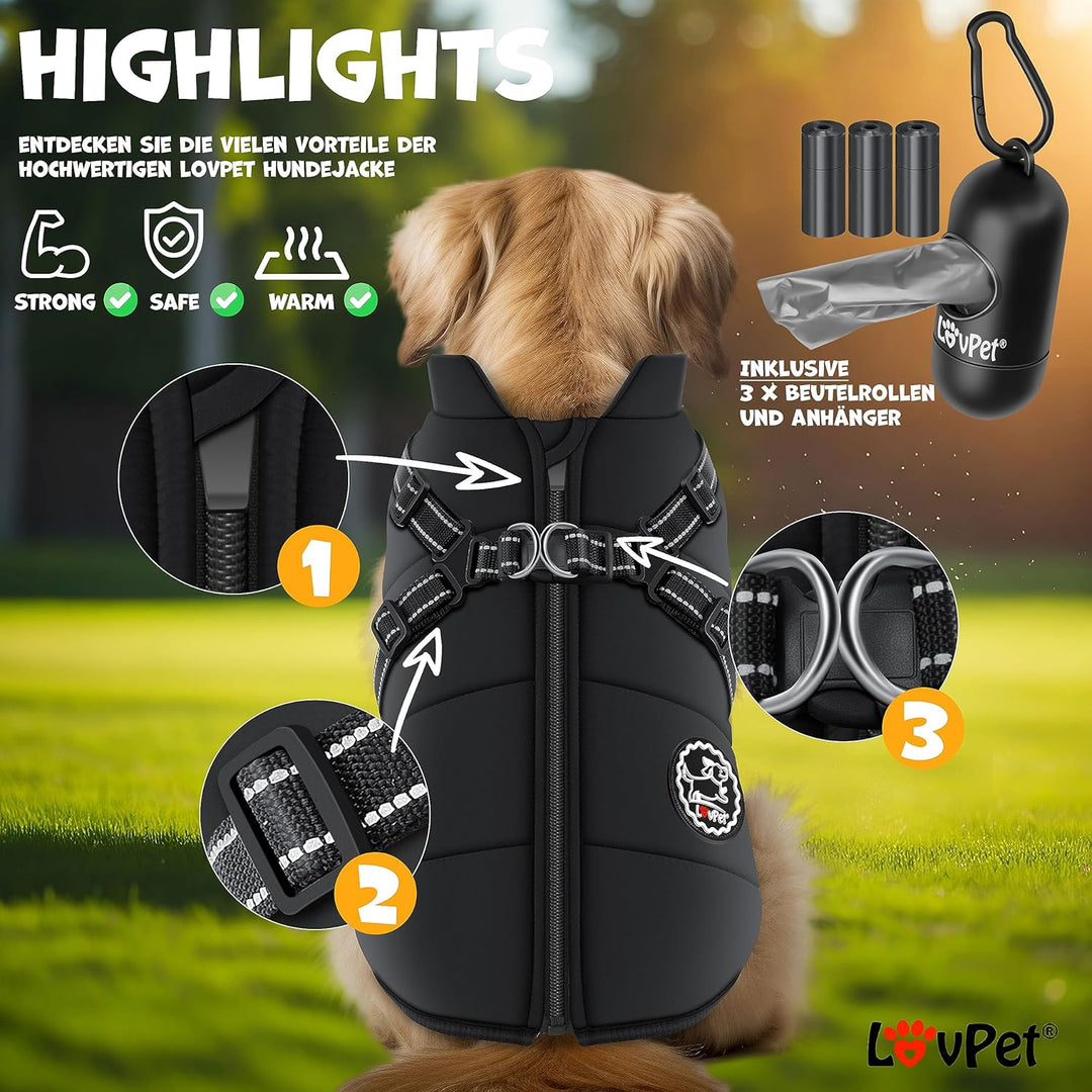 LOVPET® Hundejacke Hundemantel mit Geschirr, inkl. 45 Stück Kotbeutel + Spender, Hunde Winterweste g