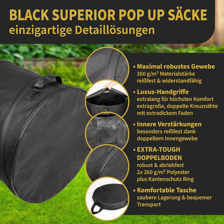 TTL Garden BLACK SUPERIOR 3x 85L Pop Up Gartensack - DOPPELTER BODEN 260gsm extra stabil 600D Oxford