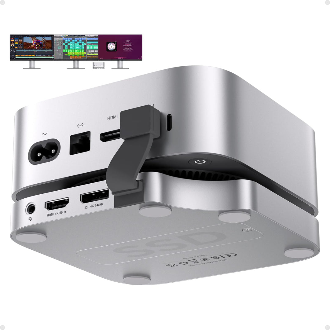 Mac mini M4 Dock & Ständer mit 2 Monitore DP 4K 144 Hz & HDMI 4K 60 Hz, USB C Hub mit 4TB M.2 NVMe S