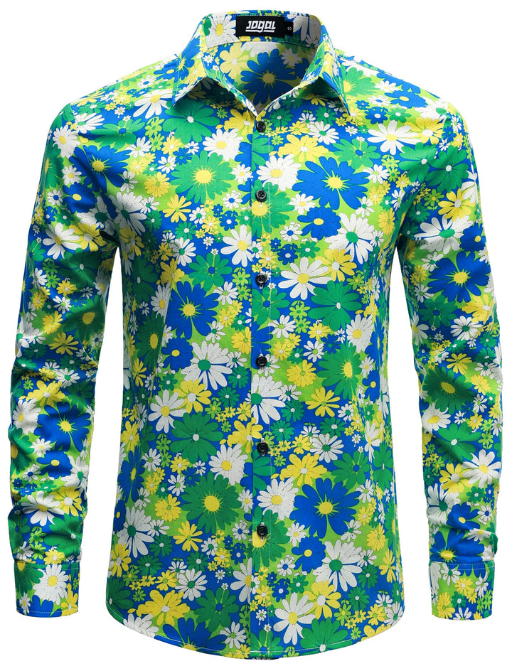 JOGAL Herren Regular Fit Floral Business Hemd Langarm Button Down Print Freizeithemd S Blau Grün Gän