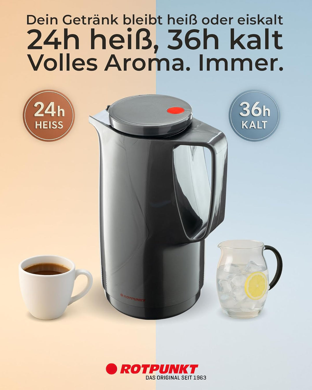 ROTPUNKT Isolierkanne 1L - Premium Kaffekanne Made in Germany I Hält bis zu 24 Std heiss I Warmhalte