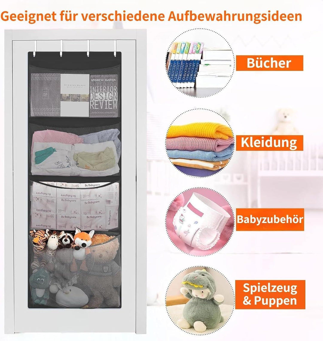 Raheem Kuscheltier Aufbewahrung, Tür Organizer mit 4 grossen Taschen, Hängeaufbewahrung Kinderzimmer