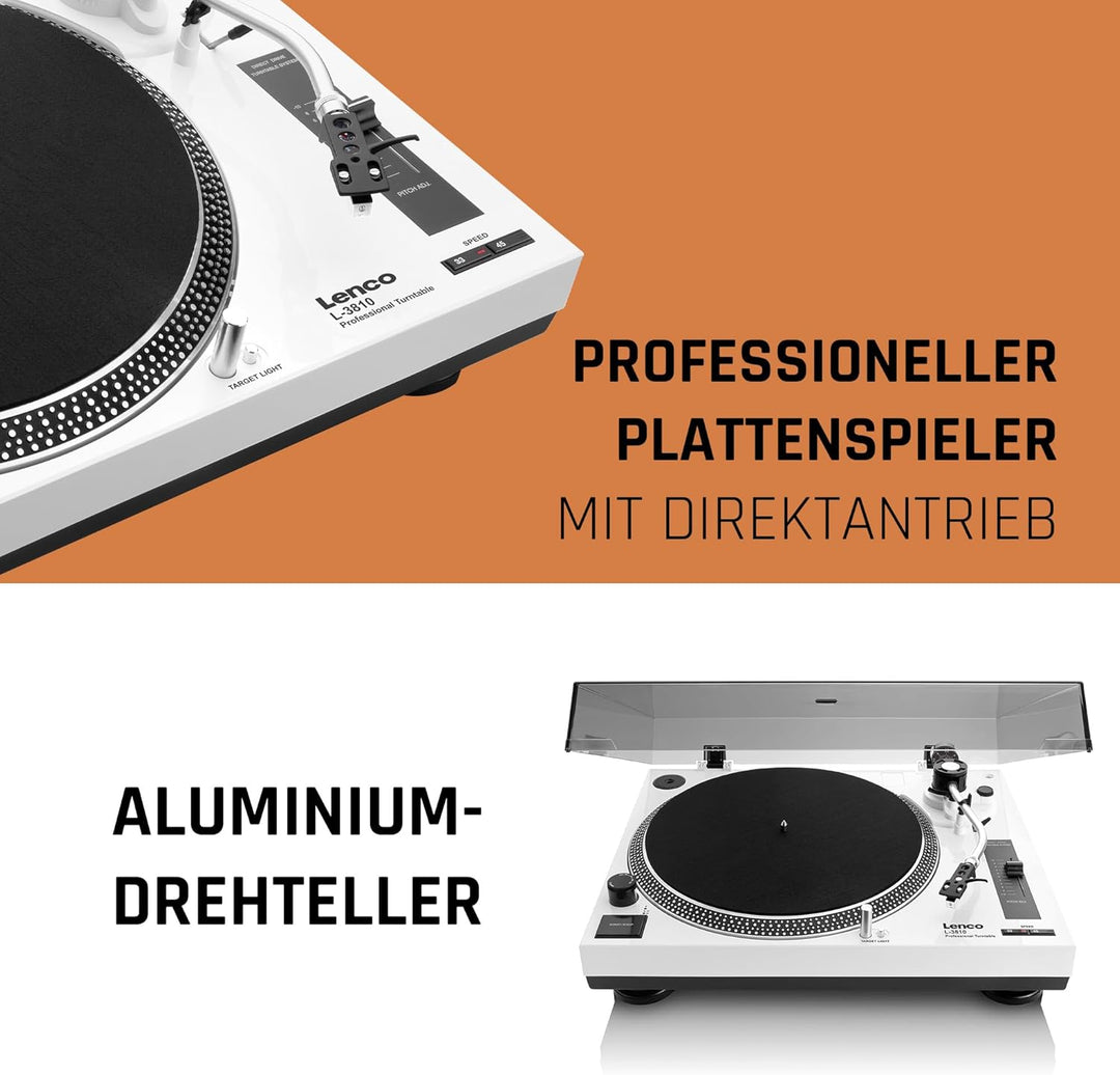 Lenco L-3810 Plattenspieler mit Direktantrieb - DJ Plattenspieler - 33/45 U/min - Pitch-Control - Ma