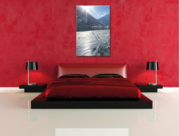 Winterlandschaft See, Format: 100x70 auf Leinwand, XXL riesige Bilder fertig gerahmt mit Keilrahmen,