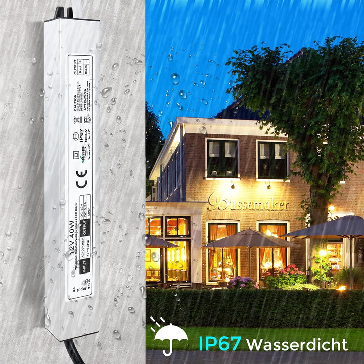 LED Trafo 12V 40W IP67 Wasserdicht Transformator mit Stecker, LED Netzteil Treiber 230V auf DC 12 Vo