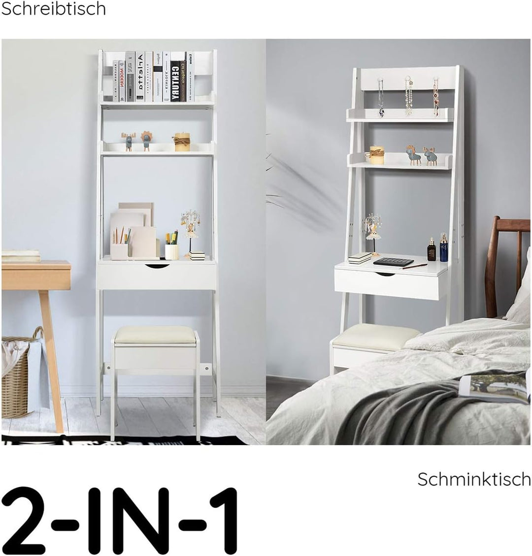 DREAMADE Schminktisch, Kosmetiktisch mit Klappspiegel & Leiterregal, Make-up Tisch aus Holz, Frisier