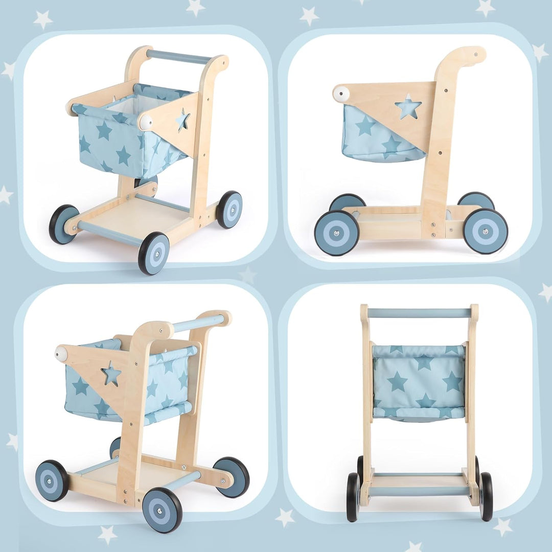 Asweets 2-in-1 Lauflernwagen Holz, Puppenwagen zum Schieben und Ziehen, Baby Walker, Kleinkindspielz