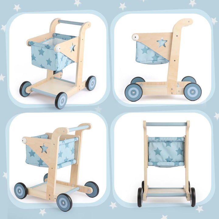 Asweets 2-in-1 Lauflernwagen Holz, Puppenwagen zum Schieben und Ziehen, Baby Walker, Kleinkindspielz
