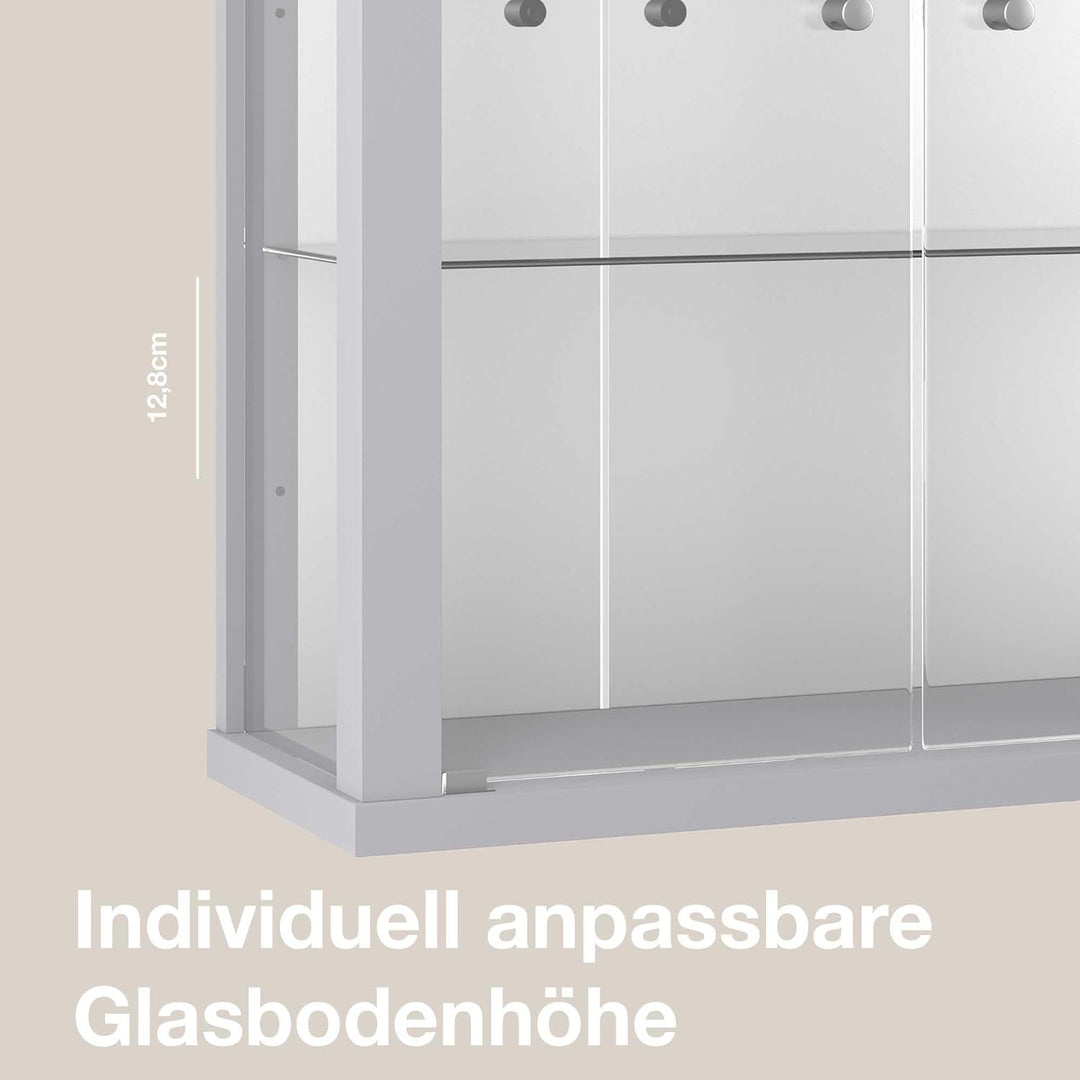 K-Möbel Hängevitrine in Alu/Silber (80x60x25 cm) mit 2 höhenverstellbaren Glasböden, Spiegel & LED -