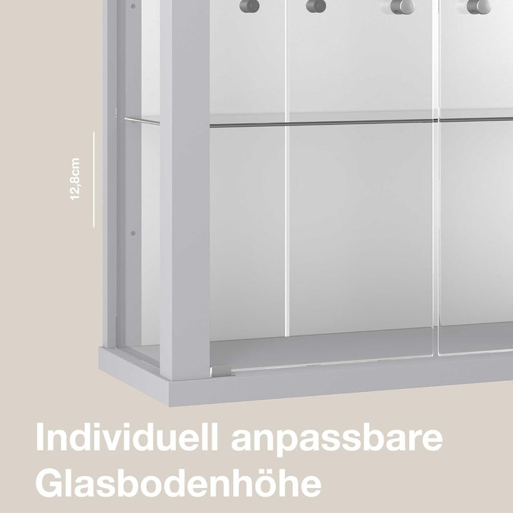 K-Möbel Hängevitrine in Alu/Silber (80x60x25 cm) mit 2 höhenverstellbaren Glasböden, Spiegel & LED -