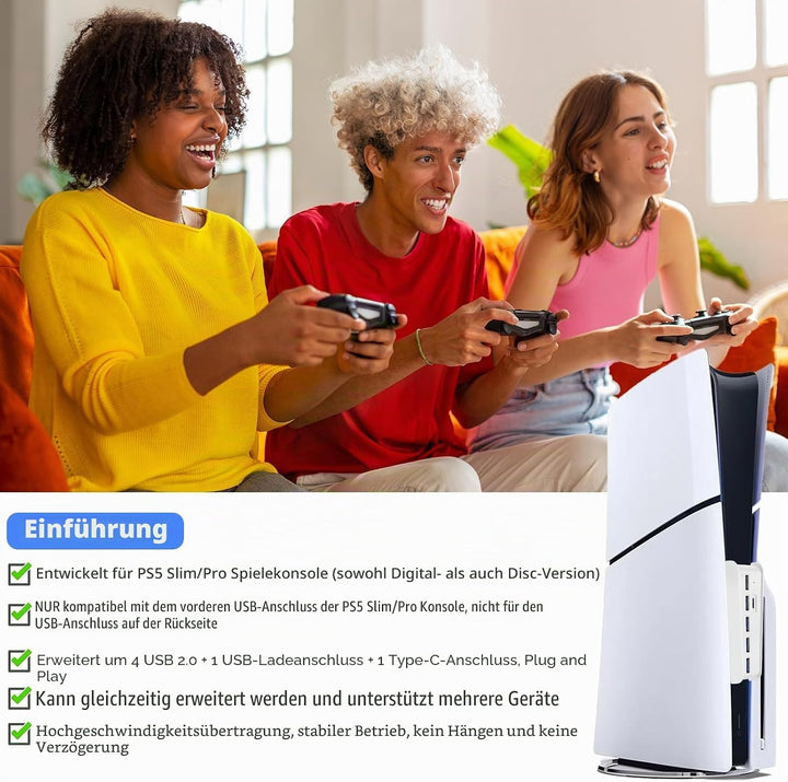 6 Ports USB Hub für PS5 Pro Konsole, High-Speed Expander Hub Splitter Erweiterungsadapter mit 4 USB