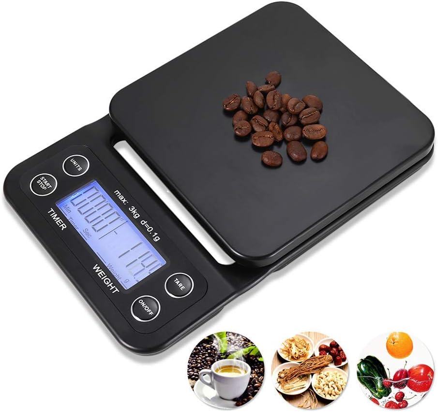 INF Digitale Küchenwaage, Kaffeewaage, Digitalwaage, 3 kg, hohe Präzision (0.1 g), LCD-Display, schw