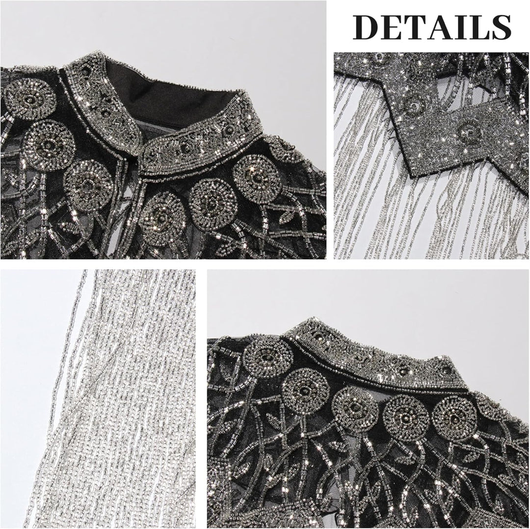 Perlenumhang langer Fransen Pailletten Schal Vintage inspirierter Glitzer Schal Silber, Silber
