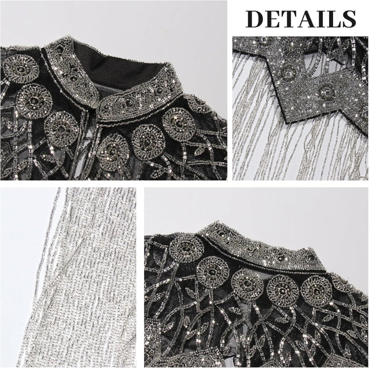 Perlenumhang langer Fransen Pailletten Schal Vintage inspirierter Glitzer Schal Silber, Silber