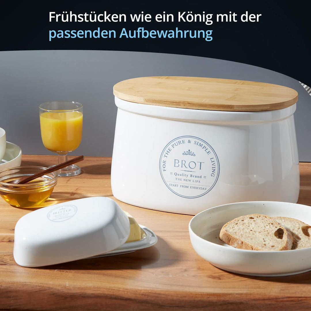 KHG Brotkasten aus Keramik Steingut gross & glasiert in Weiss mit Holzdeckel, Aufbewahrung Brotkaste