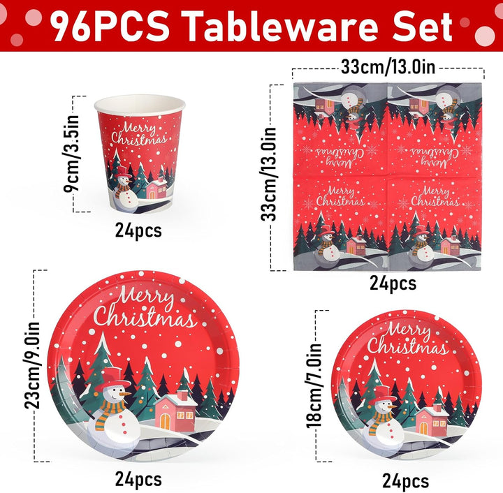 96 Stück Pappteller Weihnachten, Partygeschirr Set Weihnachtsparty Pappteller Servietten Pappbecher